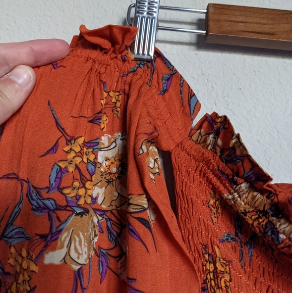Orange floral print shirred off the shoulder long sleeve dress - Picture 8 of 11